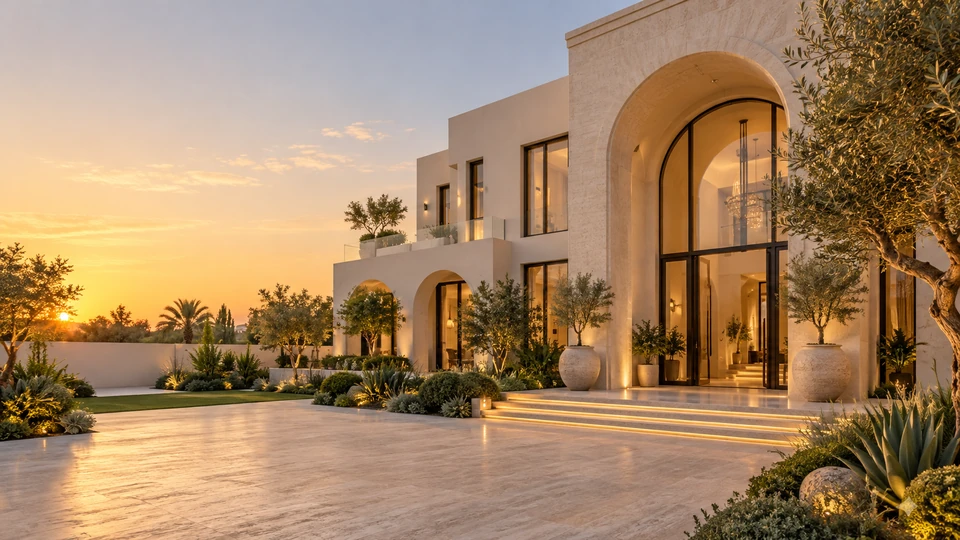 Contemporary Dubai villa with elegant arches and a landscaped courtyard